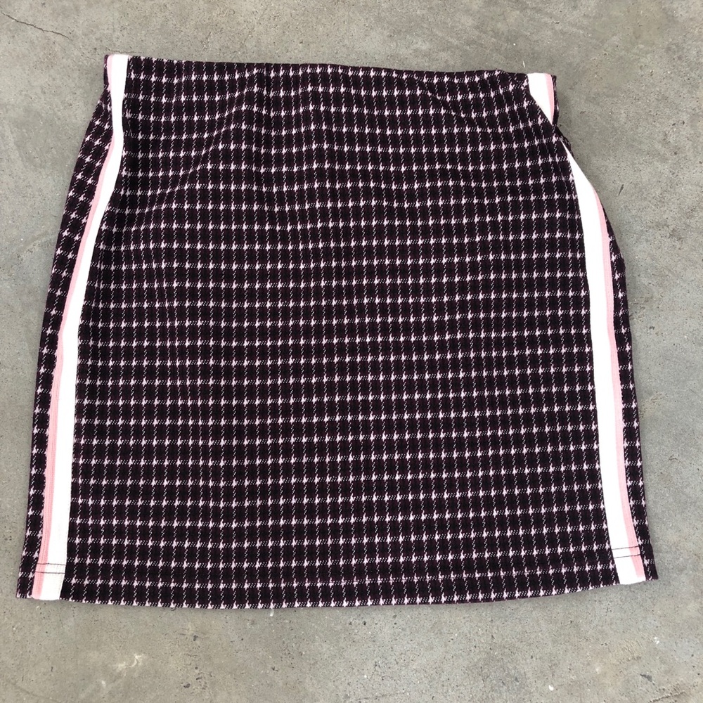 Maroon, pink, and white plaid skirt